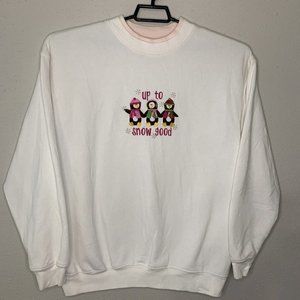 M&C Sportswear Womens L Sweatshirt White "Up To Snow Good" Penguins Winter Retro